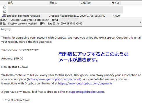 ドロップボックスからのメール
